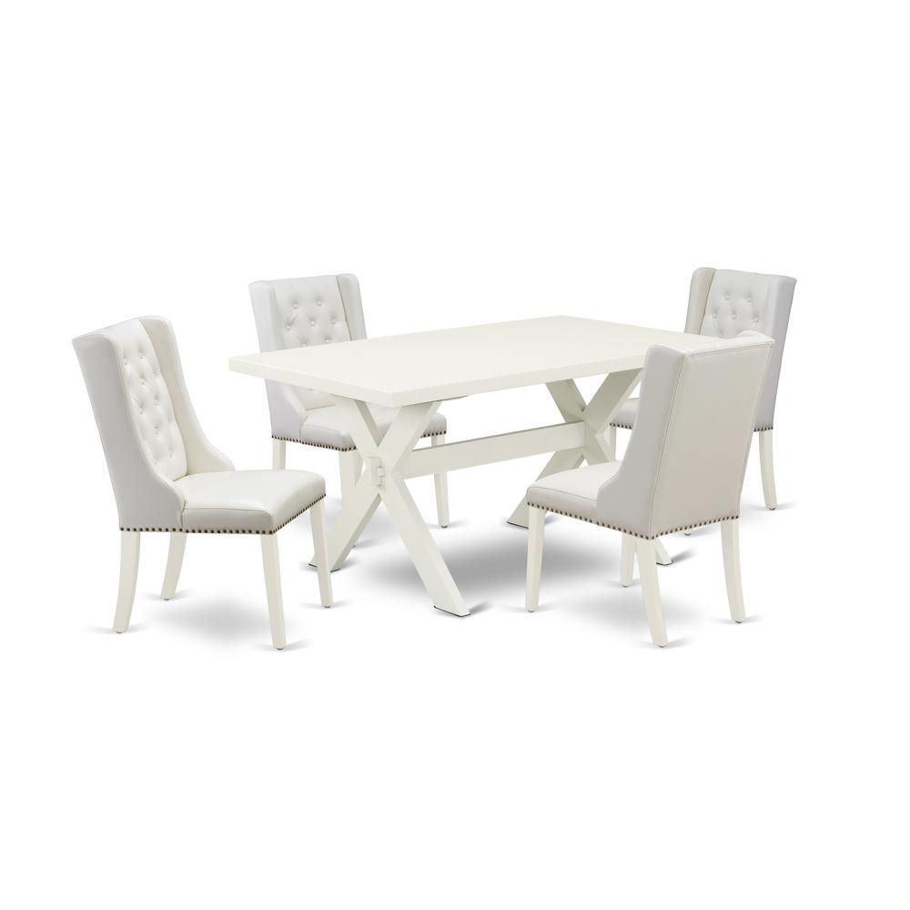 East West Furniture X026FO244-5 5-Pc Dining Table Set Contains 4 White Pu Leather Dining Chairs Button Tufted with Nailhead and Wooden Dining Table - Linen White Finish. Picture 1