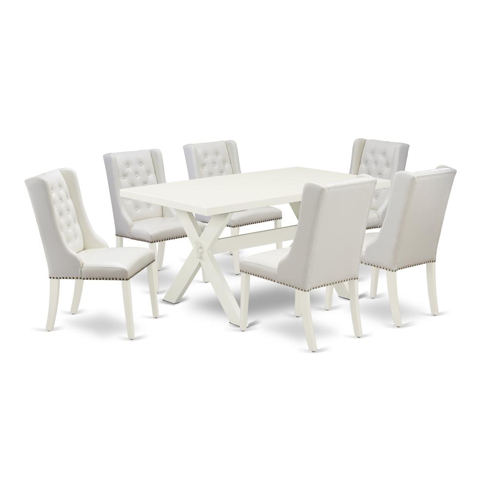 East West Furniture X026FO244-7 7-Piece Dining Room Set Contains 6 White Pu Leather Parson Dining Chairs with Button Tufted and Mid Century Dining Table - Linen White Finish. Picture 1