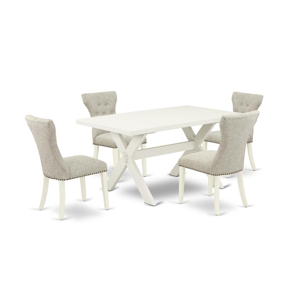 East West Furniture 5-Pc Dining room Set Included 4 kitchen parson chairs Upholstered Nails Head Seat and High Button Tufted Chair Back and Rectangular Dining Table with Linen White dining table Top -. Picture 1