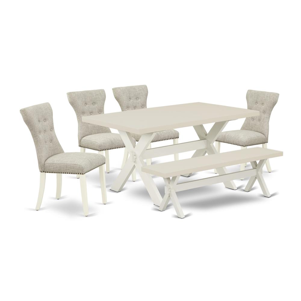 X026GA235-6 6-Piece Kitchen Dinette Set-Doeskin Linen Fabric Seat and Button Tufted Chair Back Parson dining room chairs, A Rectangular Bench and Rectangular top Kitchen Table with Wooden Legs - Linen. Picture 2