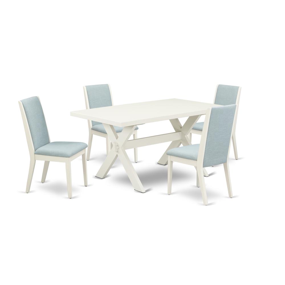 East West Furniture X026LA015-5 5Pc Dining Table set Contains a Wood Dining Table and 4 Parsons Dining Chairs with Baby Blue Color Linen Fabric, Medium Size Table with Full Back Chairs, Wirebrushed Li. Picture 1