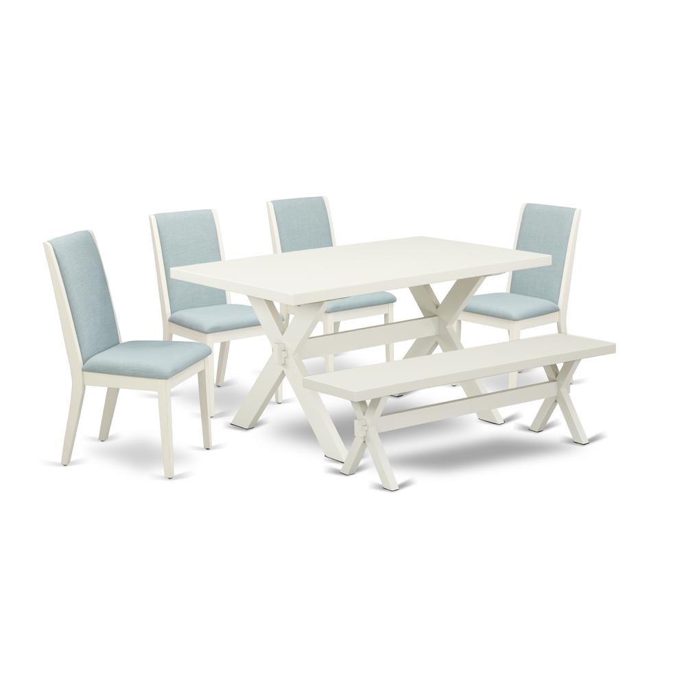 East West Furniture X026LA015-6 6Pc Dinette Sets for Small Spaces Includes a Dining Table, 4 Parsons Dining Chairs with Baby Blue Color Linen Fabric and a Bench, Medium Size Table with Full Back Chair. Picture 1