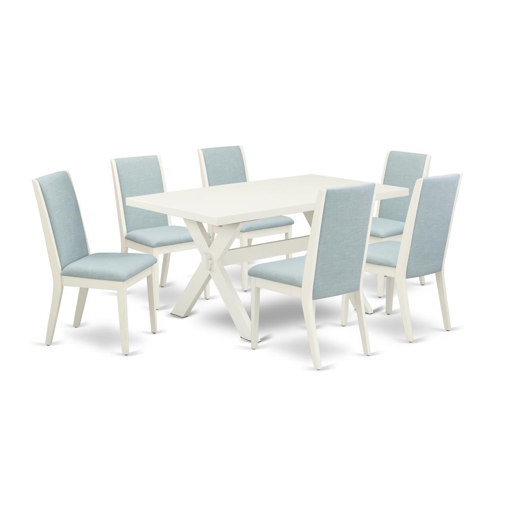 East West Furniture X026LA015-7 7Pc Dinette Set Includes a Wood Table and 6 Upholstered Dining Chairs with Baby Blue Color Linen Fabric, Medium Size Table with Full Back Chairs, Wirebrushed Linen Whit. Picture 1