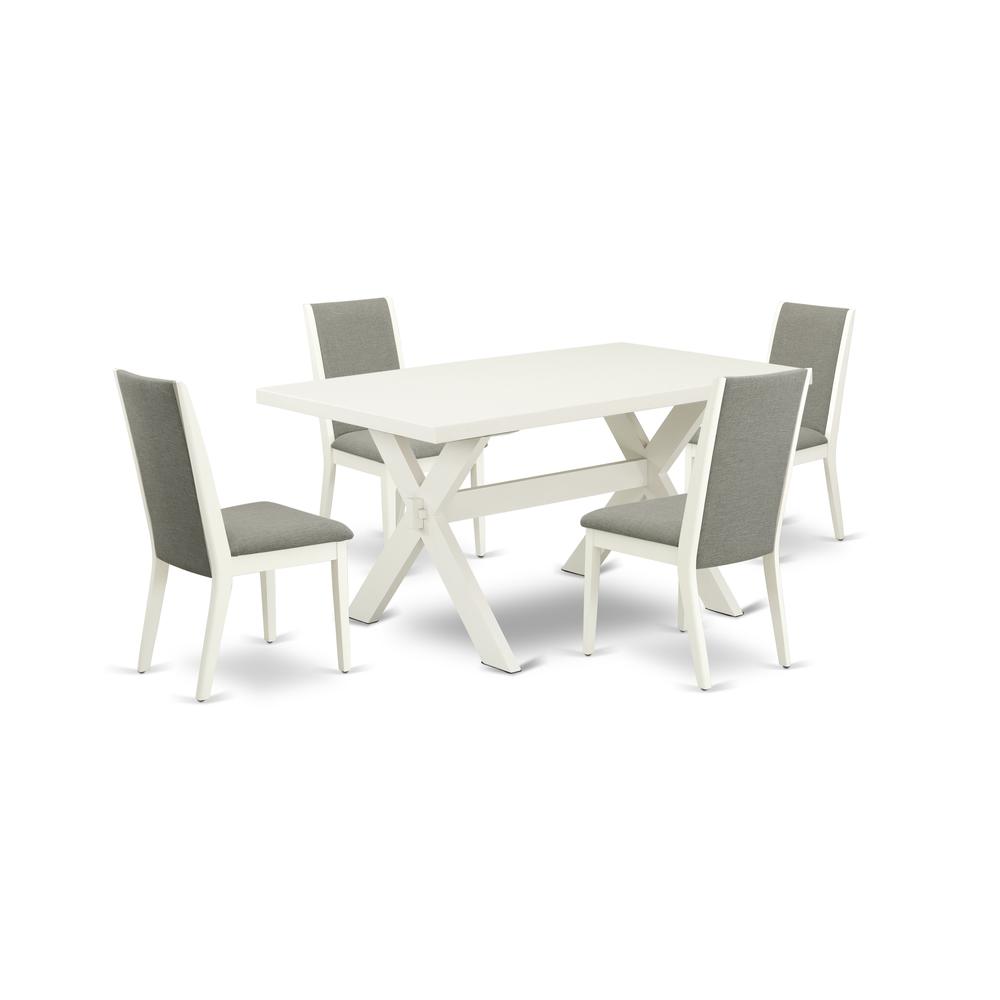 East West Furniture X026LA206-5 5-Piece Beautiful kitchen table set a Superb Linen White Dining Room Table Top and 4 Lovely Linen Fabric Parson Dining Chairs with Stylish Chair Back, Linen White Finis. Picture 1