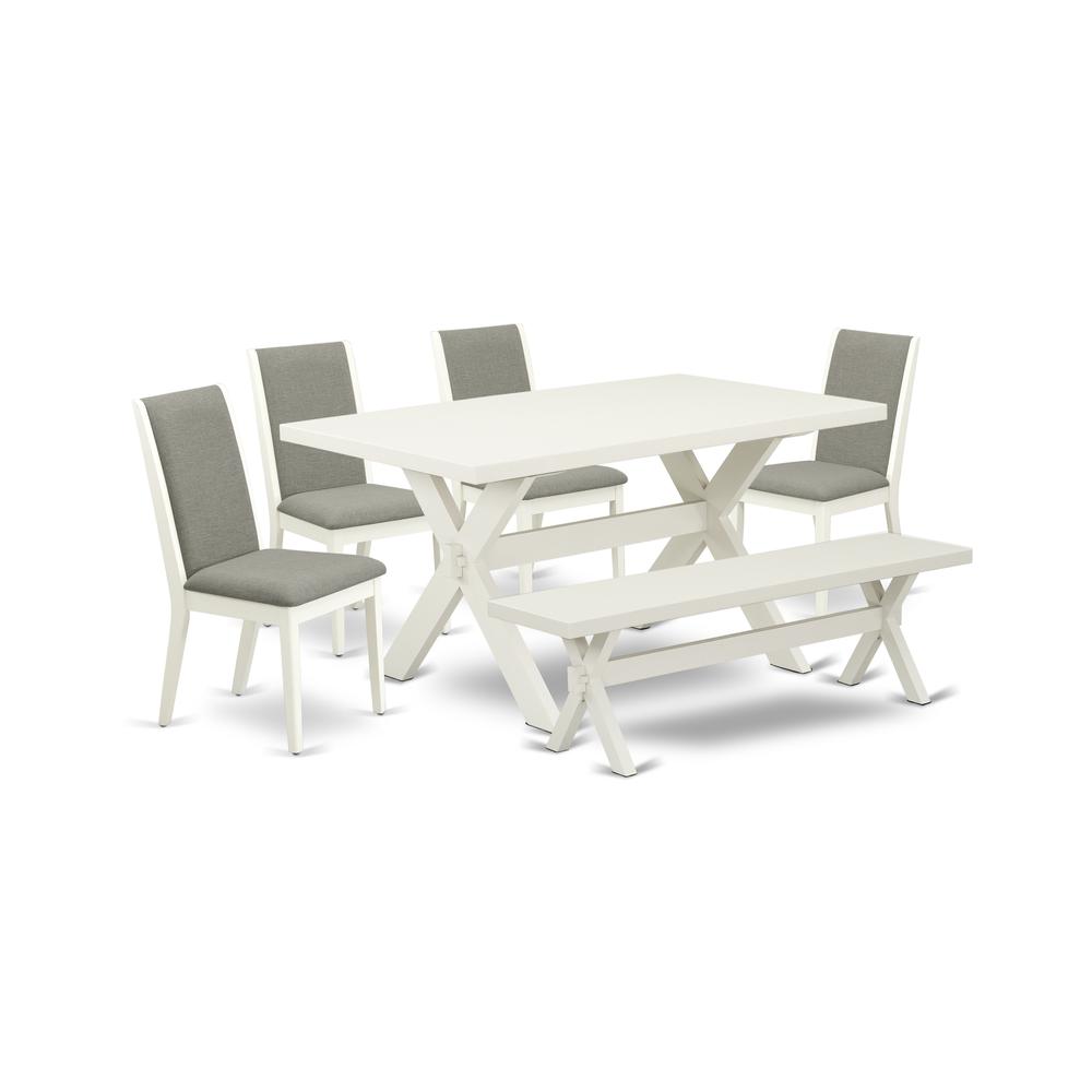 East West Furniture X026LA206-6 6-Piece Beautiful Dinette Set an Outstanding Linen White dining table Top and Linen White Indoor Bench and 4 Stunning Linen Fabric Parson Dining Room Chairs with Stylis. Picture 1