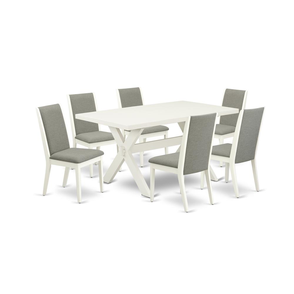 East West Furniture X026LA206-7 7-Piece Amazing Dining Table Set an Outstanding 6 Dining Table Top and 6 Wonderful Linen Fabric Dining Chairs with Stylish Chair Back, Linen White Finish. Picture 1