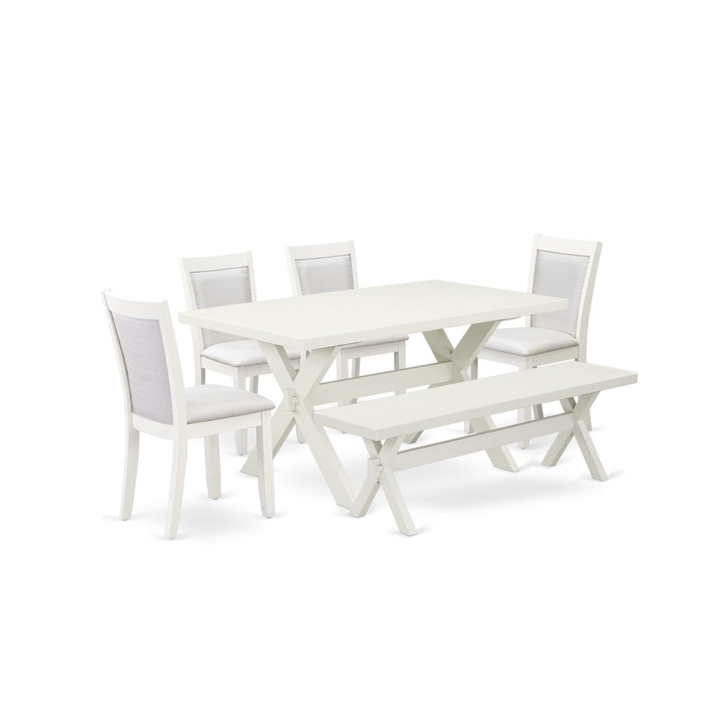 X026MZ001-6 6-Pc Dining Table Set Contains a Dinner Table - 4 Cream Dining Chairs and a Bench - Wire Brushed Linen White Finish. Picture 2