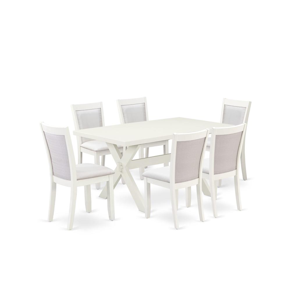 X026MZ001-7 7-Piece Dining Set Contains a Dining Table and 6 Cream Upholstered Dining Chairs - Wire Brushed Linen White Finish. Picture 2
