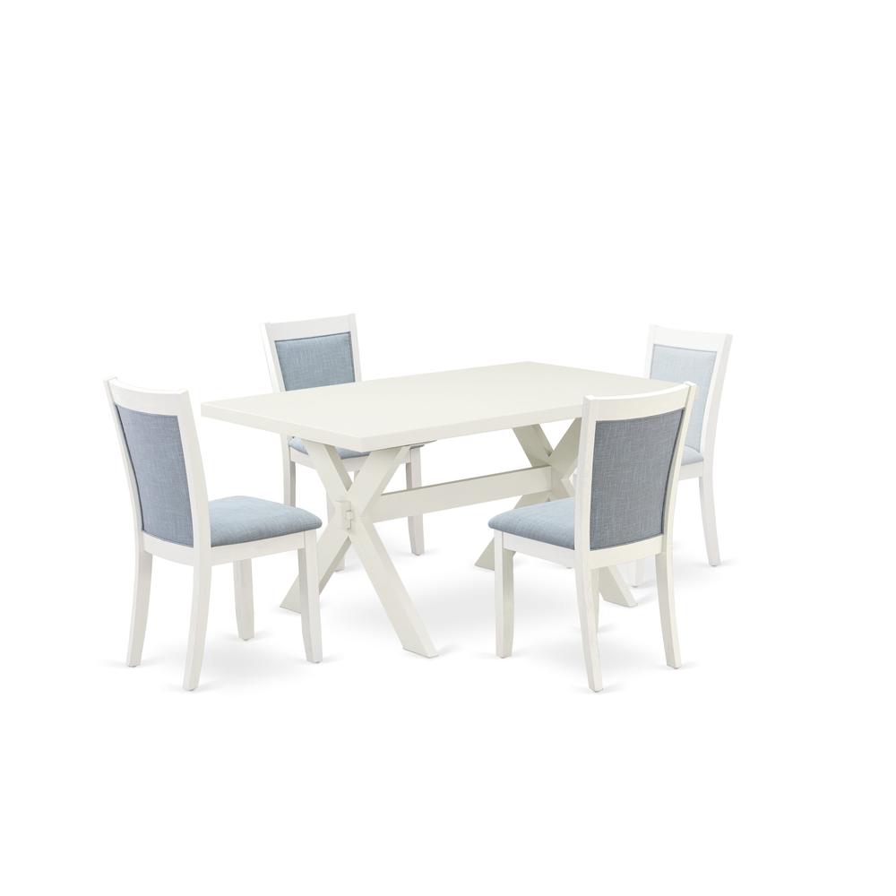 X026MZ015-5 5-Piece Dining Room Table Set Contains a Dining Table and 4 Baby Blue Padded Chairs - Wire Brushed Linen White Finish. Picture 2