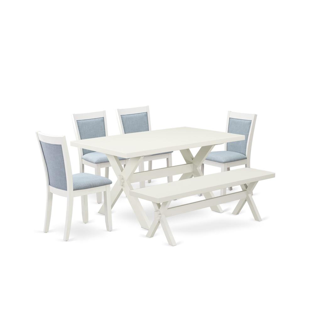 X026MZ015-6 6-Pc Dining Set Contains a Wood Table - 4 Baby Blue Dining Chairs and a Small Bench - Wire Brushed Linen White Finish. Picture 2