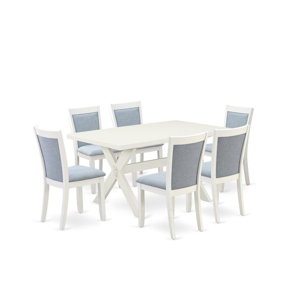 X026MZ015-7 7-Piece Dining Table Set Contains a Wooden Table and 6 Baby Blue Dining Room Chairs - Wire Brushed Linen White Finish. Picture 2