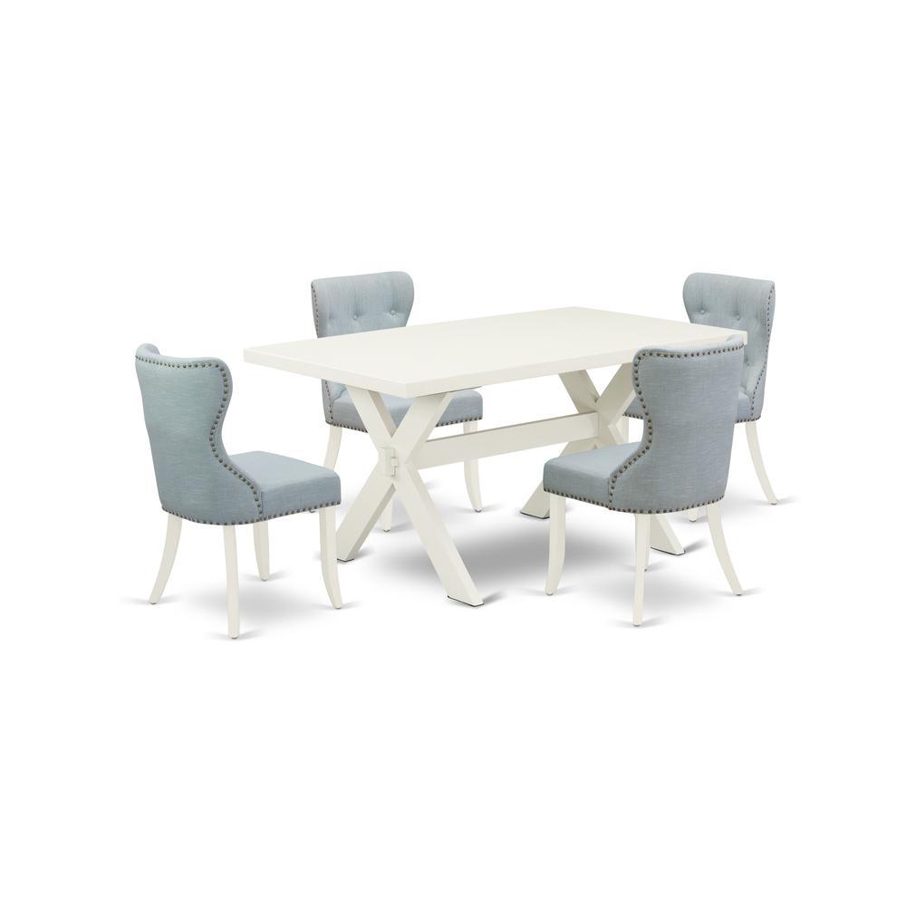 East West Furniture X026SI215-5 5-Piece Dining Set- 4 Mid Century Dining Chairs with Baby Blue Linen Fabric Seat and Button Tufted Chair Back - Rectangular Table Top & Wooden Cross Legs - Linen White. Picture 1