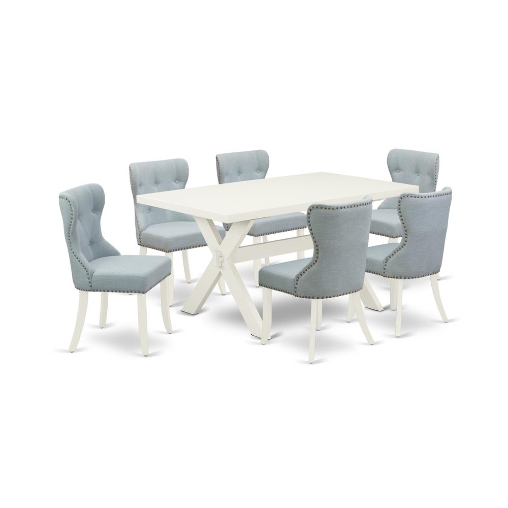 East West Furniture X026SI215-7 7-Piece Dining Set- 6 padded parson chairs with Baby Blue Linen Fabric Seat and Button Tufted Chair Back - Rectangular Table Top & Wooden Cross Legs - Linen White Finis. Picture 1