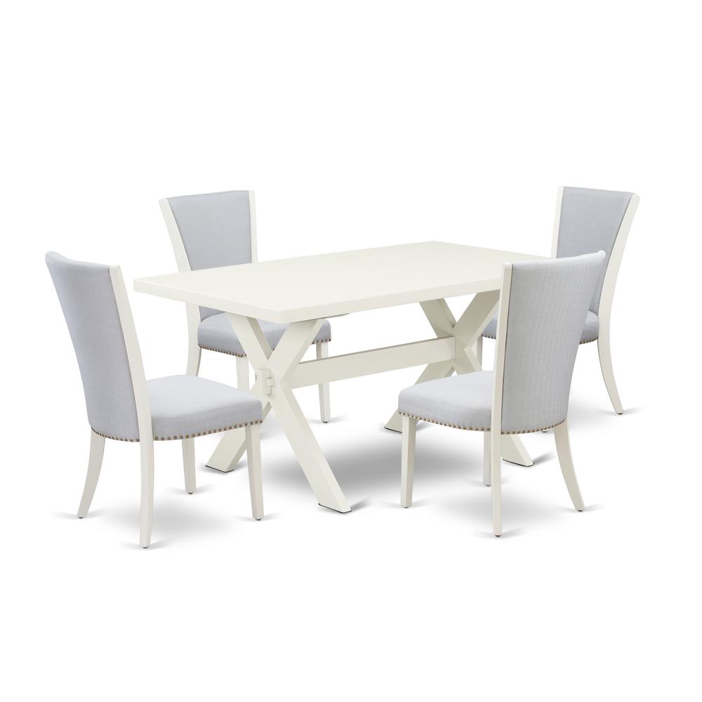 East West Furniture 5-Piece Dining Set Consists of 4 Dining Room Chairs with Upholstered Seat and Stylish Back-Rectangular Breakfast Table - Linen White and Wirebrushed Linen White Finish. Picture 1