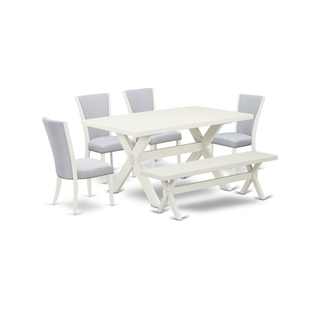 East West Furniture X026VE005-6 6 Piece Dining Set - Linen White Rectangular Table, 1 Modern Bench, and 4 Grey Linen Fabric Parson Chairs with Nailheads - Wirebrushed Linen White Finish. Picture 1