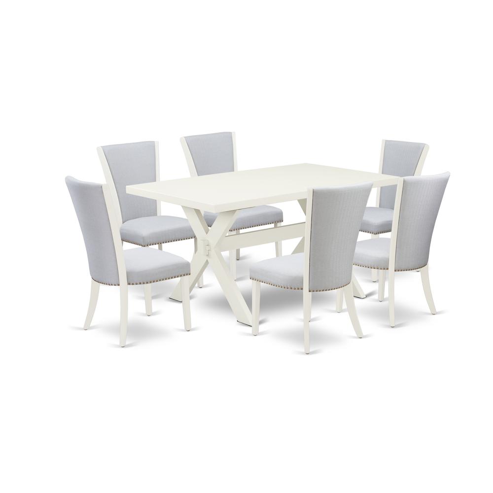 East West Furniture 7-Piece Kitchen Table Set Includes 6 Mid Century Dining Chairs with Upholstered Seat-Rectangular Rectangular Dining Table - Linen White and Wirebrushed Linen White Finish. Picture 1