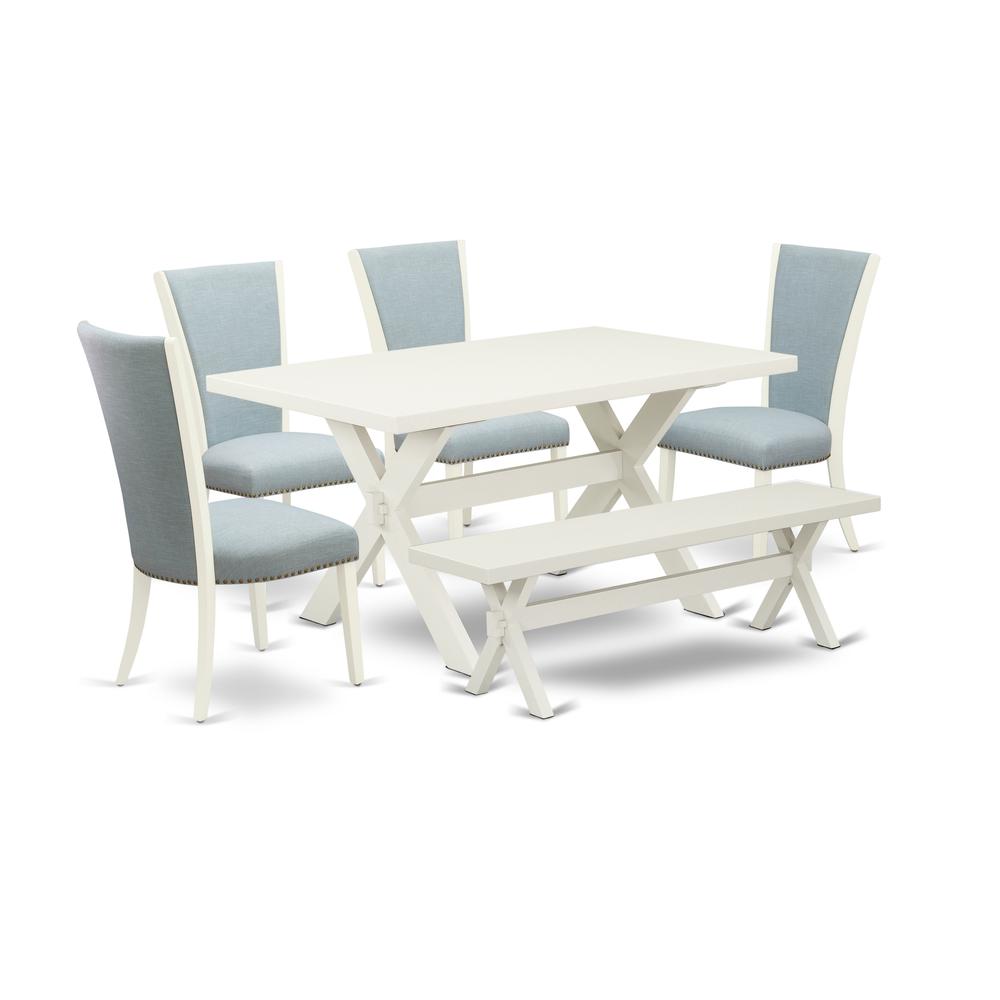 East West Furniture X026VE215-6 6 Piece Dinette Set - 4 Baby Blue Linen Fabric Dining Room Chairs with Nailheads and Linen White Wooden Dining Table - 1 Wooden Bench - Linen White Finish. Picture 1