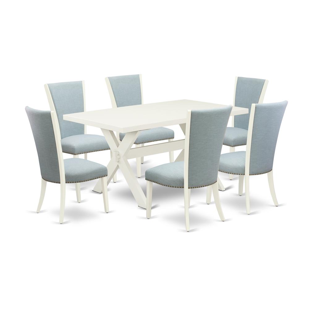 East West Furniture X026VE215-7 7 Piece Mid Century Dining Set - 6 Baby Blue Linen Fabric Kitchen Chair with Nailheads and Linen White Wooden Dining Table - Linen White Finish. Picture 1