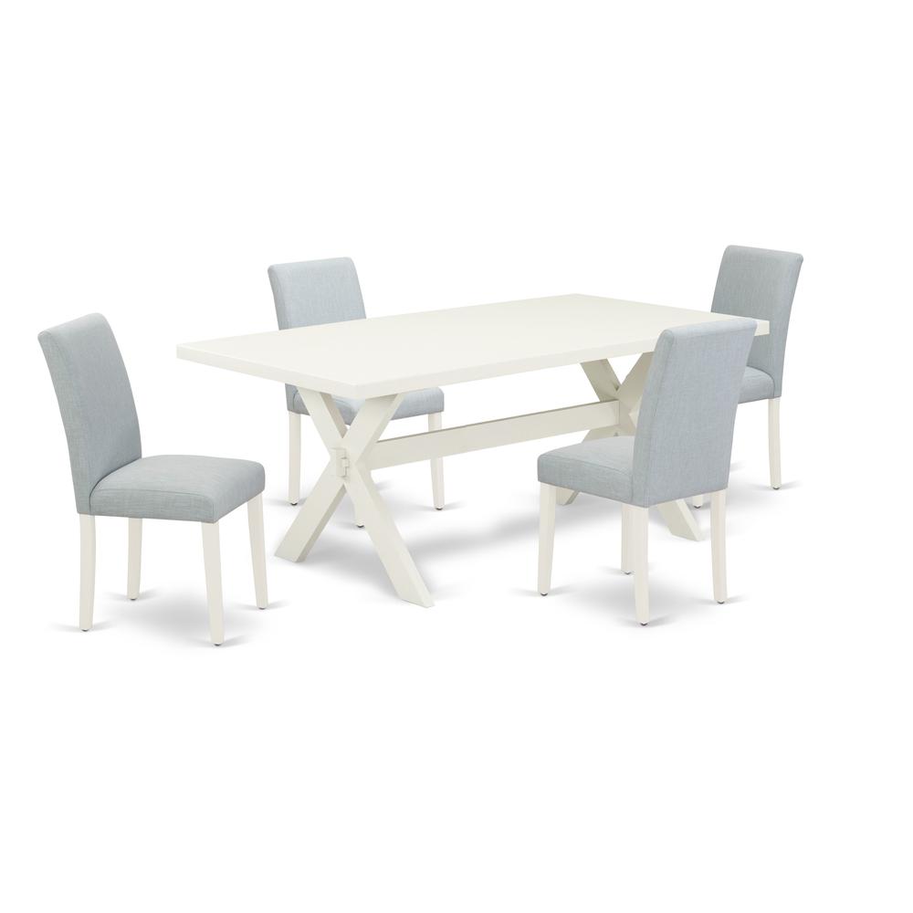 East West Furniture 5-Pc Dining Room Table Set Includes 4 Mid Century Modern Chairs with Upholstered Seat and High Back and a Rectangular Kitchen Dining Table - Linen White Finish. Picture 1