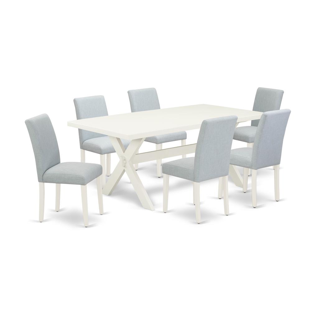 East West Furniture 7-Pc Dining Room Table Set Includes 6 Dining Chairs with Upholstered Seat and High Back and a Rectangular Table - Linen White Finish. Picture 1