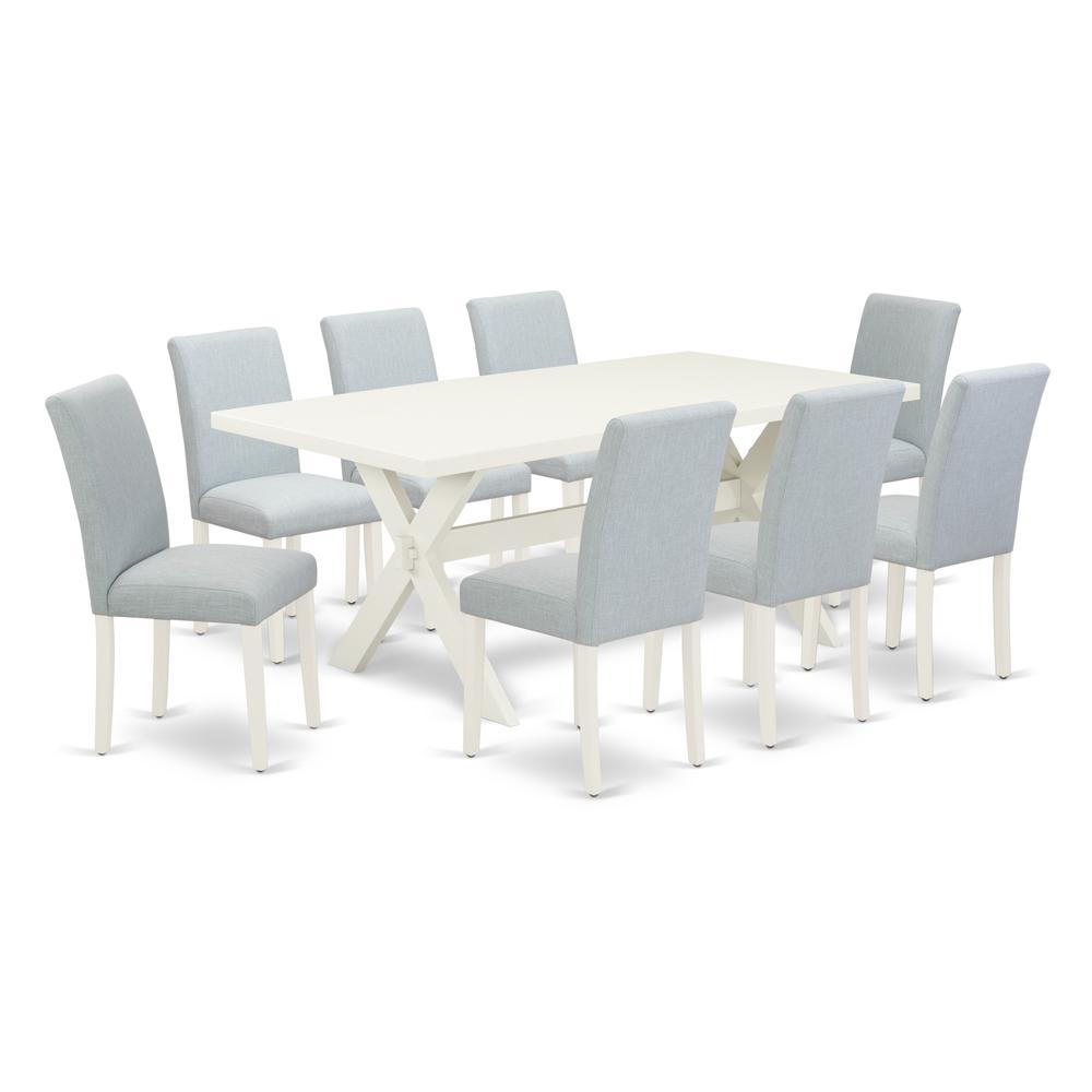 East West Furniture 9-Pc Dinette Set Includes 8 Dining Chairs with Upholstered Seat and High Back and a Rectangular Dining Room Table - Linen White Finish. Picture 1