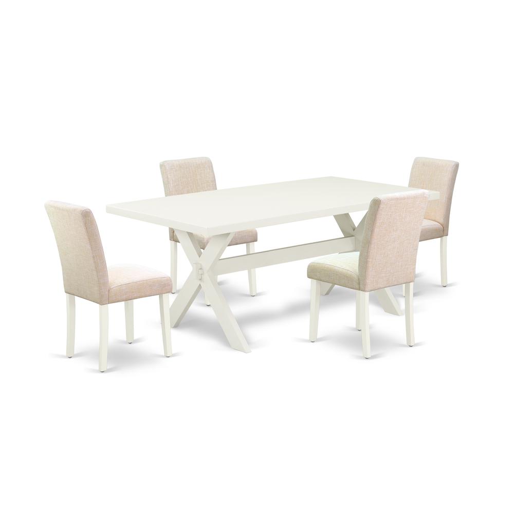 East West Furniture 5-Pc Modern Dinette Set Included 4 Parson Dining chairs Upholstered Nails Head Seat and Stylish Chair Back and Rectangular Wood Dining Table with Linen White rectangular Table Top. Picture 1