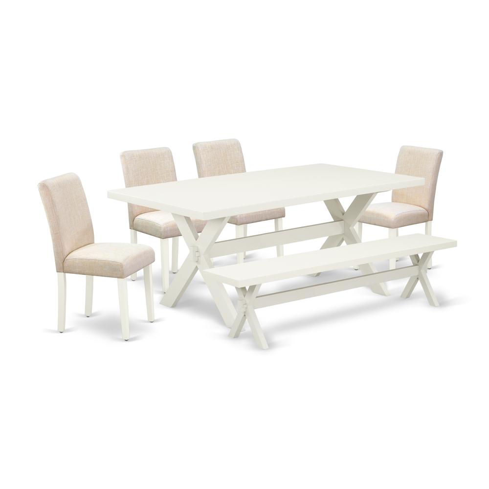 East West Furniture 6-Pc Dining Set-Light Beige Linen Fabric Seat and High Stylish Chair Back Parson Dining room chairs, A Rectangular Bench and Rectangular Top Modern Dining Table with Hardwood Legs. The main picture.