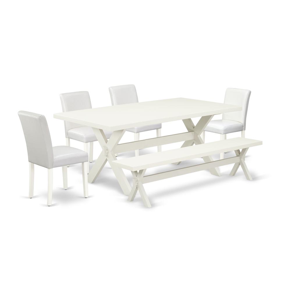 East West Furniture X027AB264-6 6-Piece Amazing Dining Room Table Set an Excellent Linen White Dining Room Table Top and Linen White Small Bench and 4 Gorgeous Pu Leather Parson Dining Chairs with Sty. Picture 1
