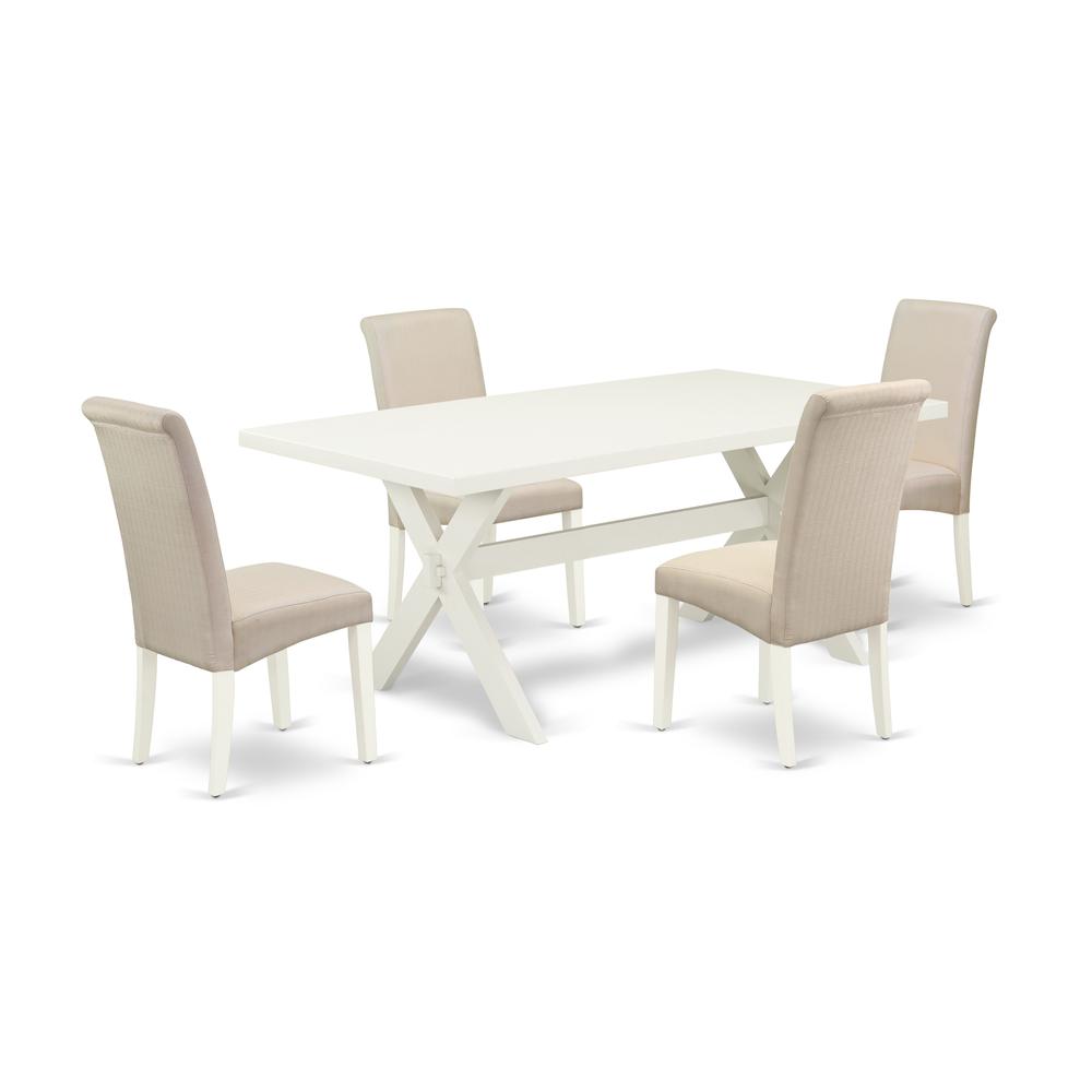 East West Furniture 5-Pc Modern Dinette Set Included 4 Parson Dining chairs Upholstered Nails Head Seat and Stylish Chair Back and Rectangular Mid Century Dining Table with Linen White rectangular Din. Picture 1