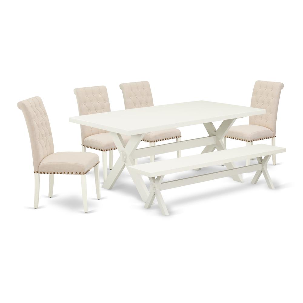 East West Furniture 6-Piece Table Dining Set-Light Beige Linen Fabric Seat and Button Tufted Chair Back Parson Dining chairs, A Rectangular Bench and Rectangular Top Wood Kitchen Table with Hardwood L. Picture 1