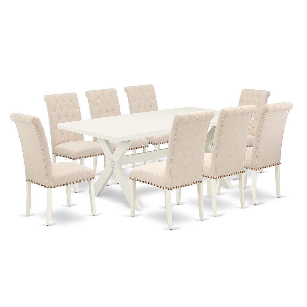 East West Furniture X027BR202-9 - 9-Piece Modern Dining Table Set - 8 Upholstered Dining Chairs and a Rectangular Table Hardwood Frame. Picture 1