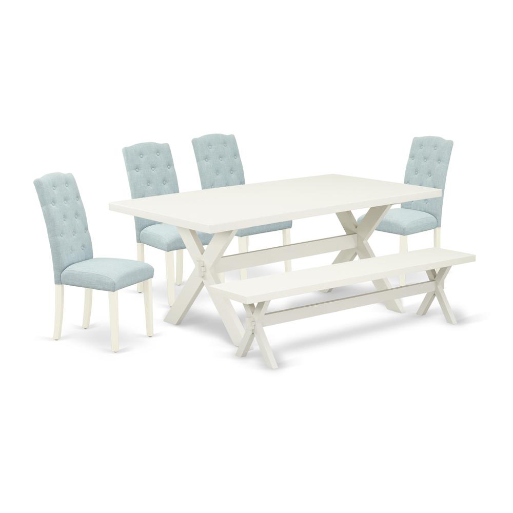 East West Furniture 6-Piece Wood Dining Table Set-Baby Blue Linen Fabric Seat and Button Tufted Chair Back Parson chairs, A Rectangular Bench and Rectangular Top Modern Dining Table with Solid Wood Le. Picture 1