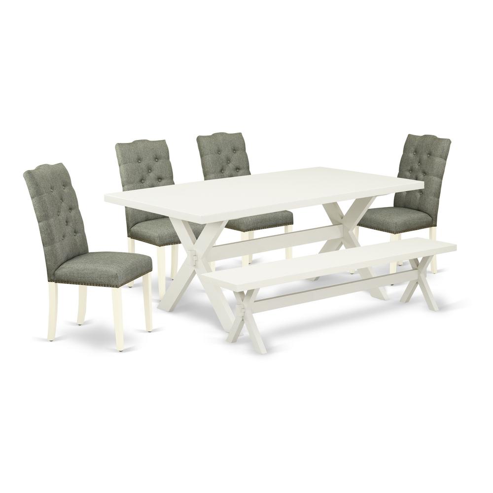 East West Furniture 6-Pc Dinette Table Set-Smoke Color Linen Fabric Seat and Button Tufted Chair Back Dining chairs, a Rectangular Bench and Rectangular Top Modern Dining Table with Wood Legs - Linen. Picture 1