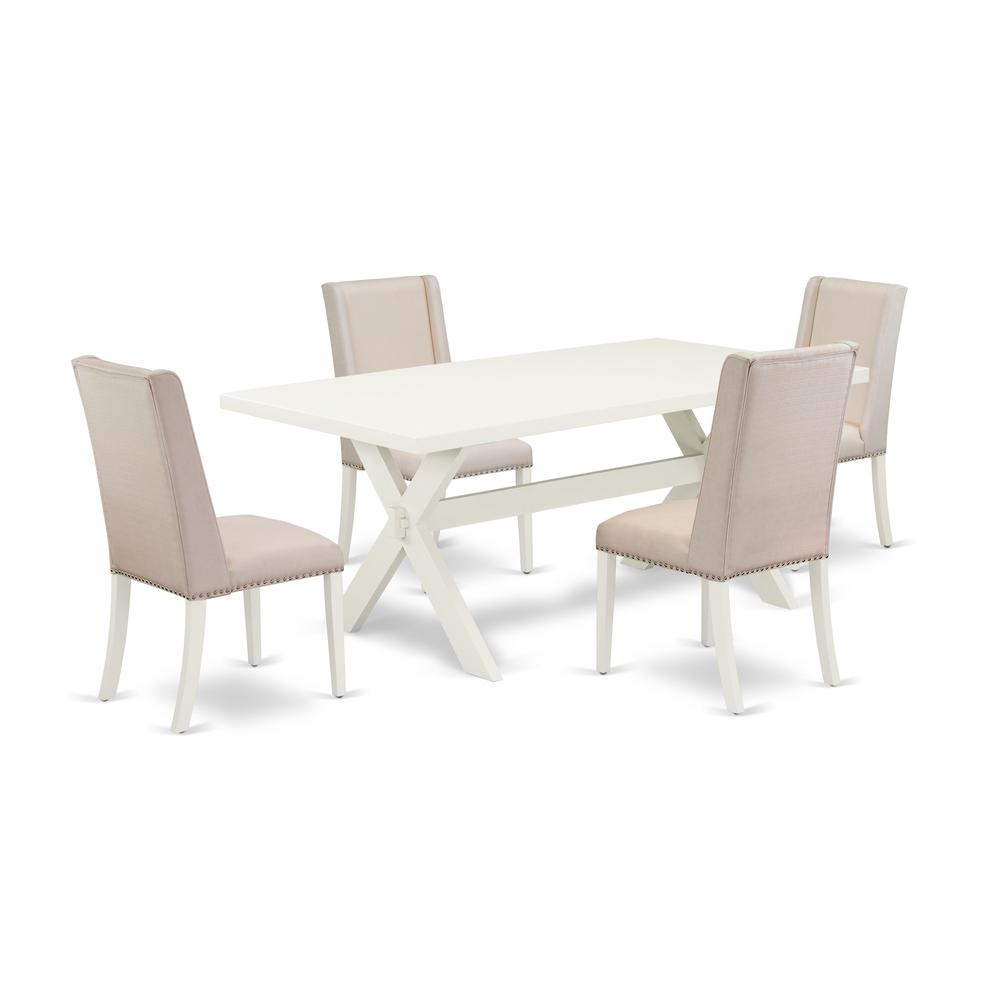 East West Furniture 5-Piece Kitchen Dining Table Set Included 4 Kitchen Dining chairs Upholstered Nails Head Seat and Stylish Chair Back and Rectangular Wood Dining room Table with Linen White rectang. Picture 1