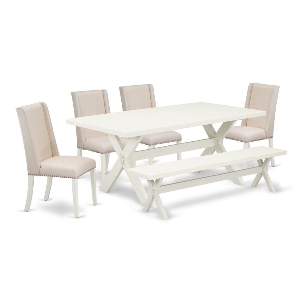 East West Furniture 6-Piece Kitchen Dining Table Set-Cream Color Linen Fabric Seat and High Stylish Chair Back kitchen parson chairs, a Rectangular Bench and Rectangular Top Kitchen Table with Wooden. Picture 1
