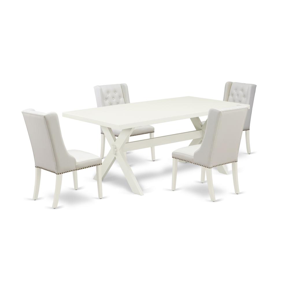East West Furniture X027FO244-5 5-Pc Dining Set Consists of 4 White Pu Leather Dining Chairs Button Tufted with Nail Heads and Rectangular Dining Table - Linen White Finish. Picture 1