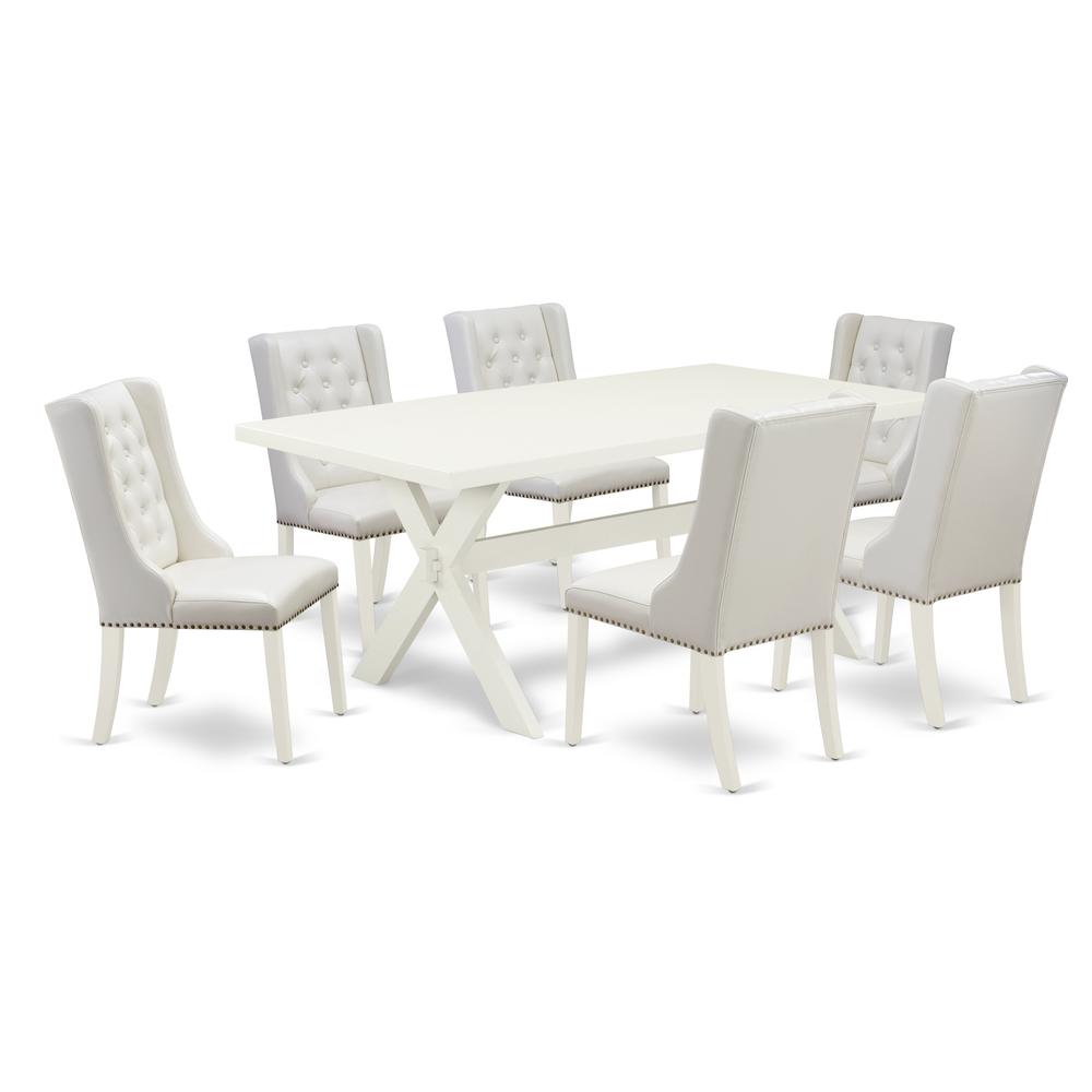 East West Furniture X027FO244-7 7-Piece Dining Room Set Contains 6 White Pu Leather Dining Room Chairs Button Tufted with Nailheads and Dining Room Table - Linen White Finish. Picture 1