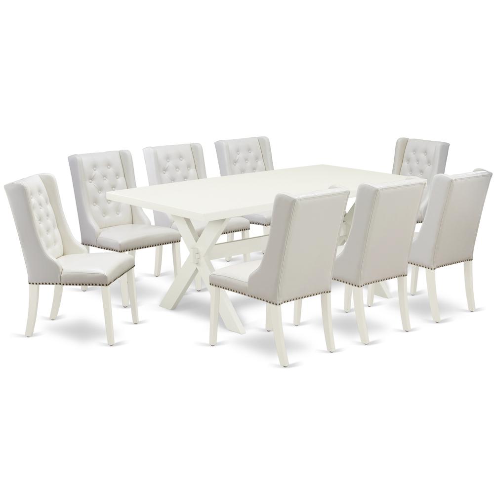East West Furniture X027FO244-9 9-Piece Kitchen Table Set Consists of 8 White Pu Leather Dining Room Chairs Button Tufted with Nail Heads and Kitchen Table - Linen White Finish. Picture 1