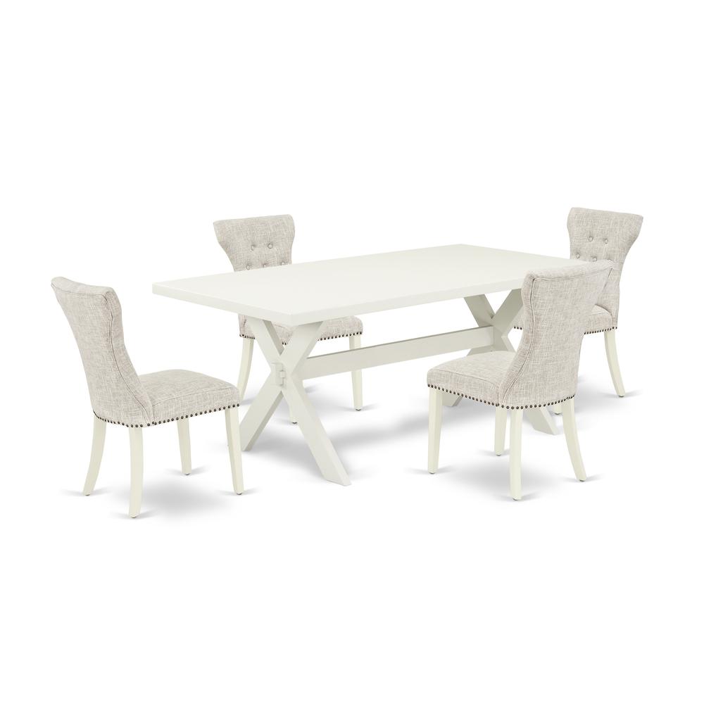East West Furniture 5-Pc Dinette Set- 4 Upholstered Dining Chairs with Doeskin Linen Fabric Seat and Button Tufted Chair Back - Rectangular Table Top & Wooden Cross Legs - Linen White Finish. Picture 1