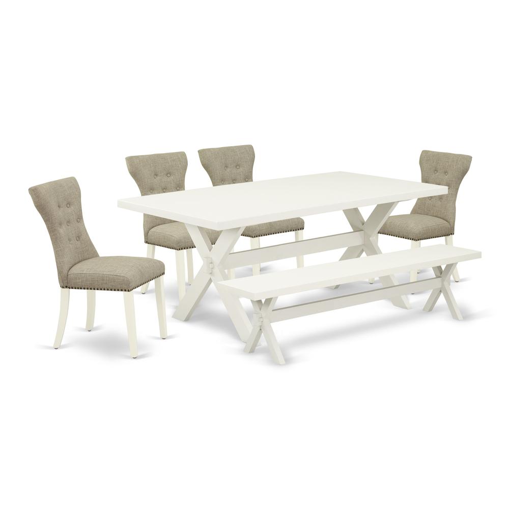 East West Furniture 6-Pc Modern Dining Table Set- 4 Parson Chairs with Doeskin Linen Fabric Seat and Button Tufted Chair Back - Rectangular Top & Wooden Cross Legs Dining Room Table and Dining Bench -. Picture 1