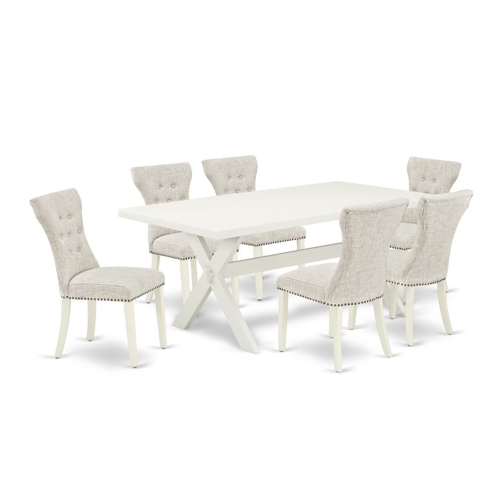 East West Furniture 7-Piece Modern Dining Set- 6 Parson Chairs with Doeskin Linen Fabric Seat and Button Tufted Chair Back - Rectangular Table Top & Wooden Cross Legs - Linen White Finish. Picture 1