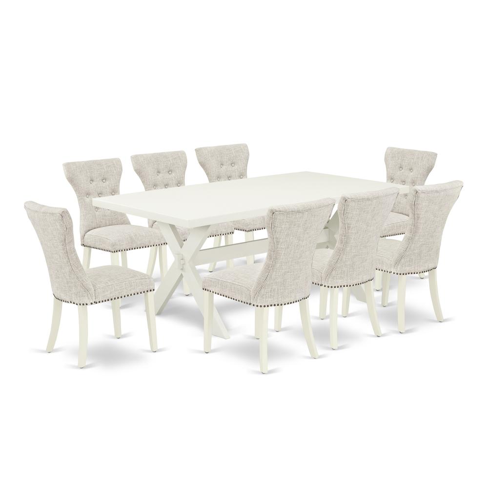 East West Furniture 9-Pc dining room set- 8 Parson Dining Room Chairs with Doeskin Linen Fabric Seat and Button Tufted Chair Back - Rectangular Table Top & Wooden Cross Legs - Linen White and Linen Wh. Picture 1