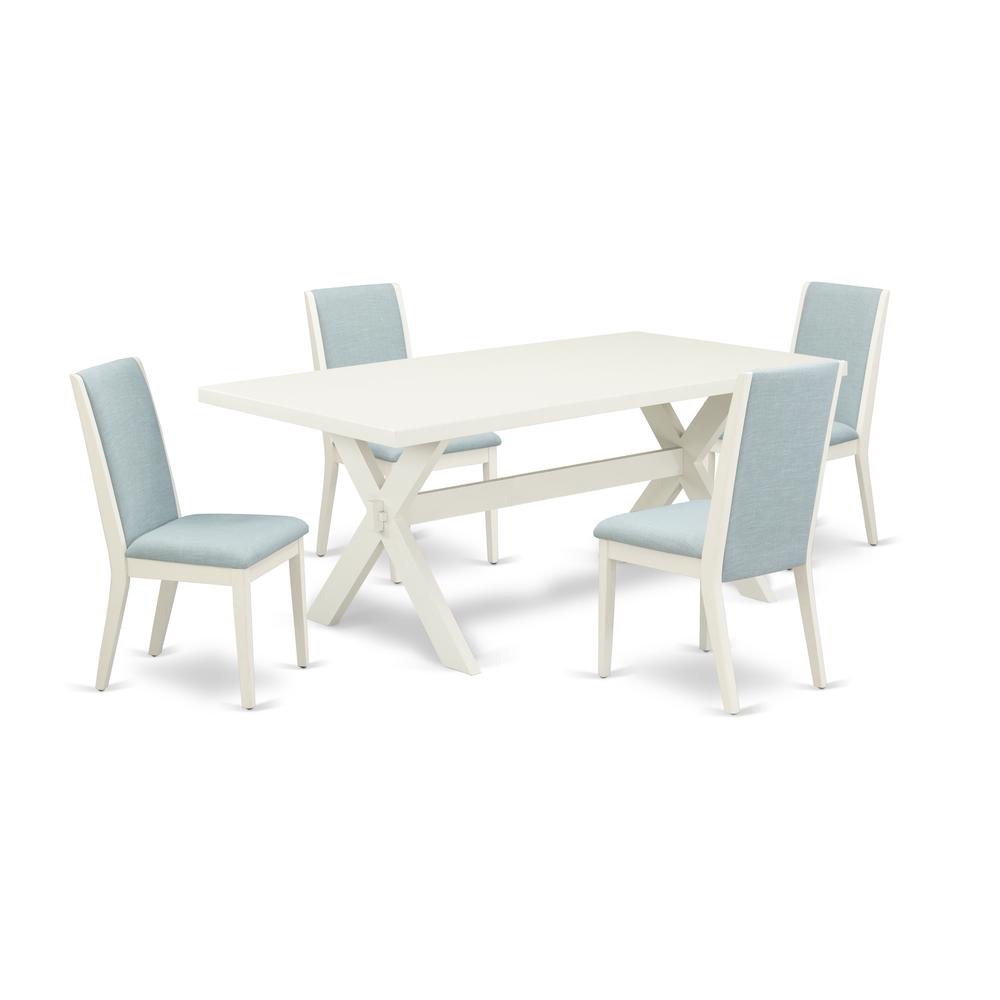 East West Furniture X027LA015-5 5Pc Kitchen Table Set Contains a Dining Room Table and 4 Parsons Chairs with Baby Blue Color Linen Fabric, Medium Size Table with Full Back Chairs, Wirebrushed Linen Wh. Picture 1