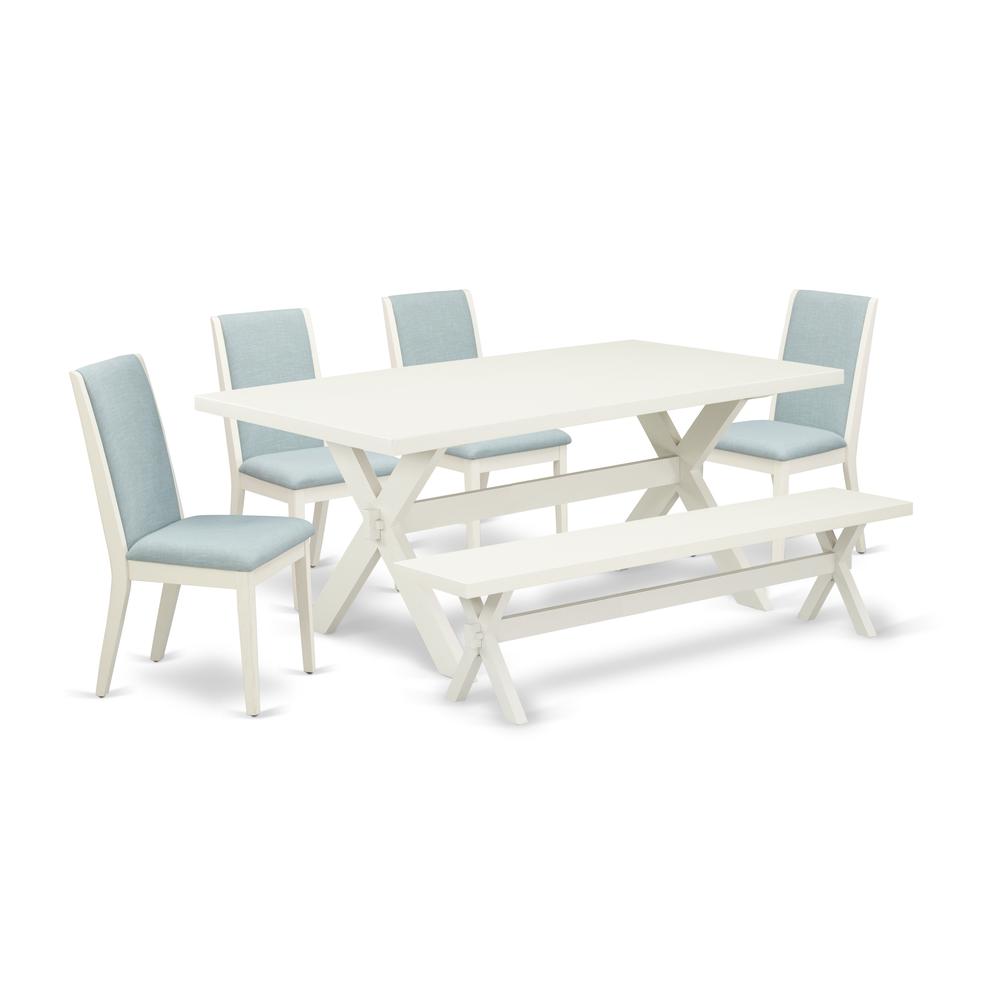 East West Furniture X027LA015-6 6Pc Kitchen Set Offers a Dining Room Table, 4 Parson Chairs with Baby Blue Color Linen Fabric and a Bench, Medium Size Table with Full Back Chairs, Wirebrushed Linen Wh. Picture 1