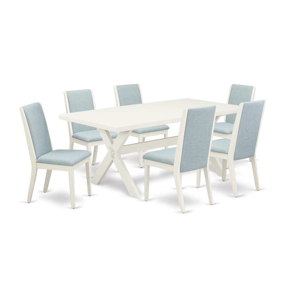 East West Furniture X027LA015-7 7Pc Wood Dining Table Set Consists of a Dining Table and 6 Parsons Chairs with Baby Blue Color Linen Fabric, Medium Size Table with Full Back Chairs, Wirebrushed Linen. Picture 1