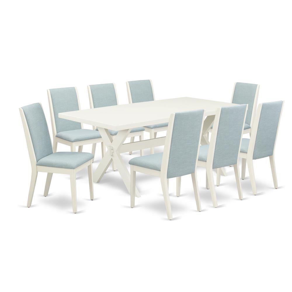 East West Furniture X027LA015-9 9Pc Modern Dining Table Set Consists of a Dinette Table and 8 Parsons Chairs with Baby Blue Color Linen Fabric, Medium Size Table with Full Back Chairs, Wirebrushed Lin. Picture 1