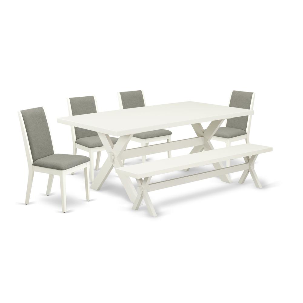 East West Furniture X027LA206-6 6-Piece Stylish Rectangular Table Set a Great Linen White Rectangular Dining Table Top and Linen White Kitchen Bench and 4 Attractive Linen Fabric Kitchen Parson Chairs. Picture 1