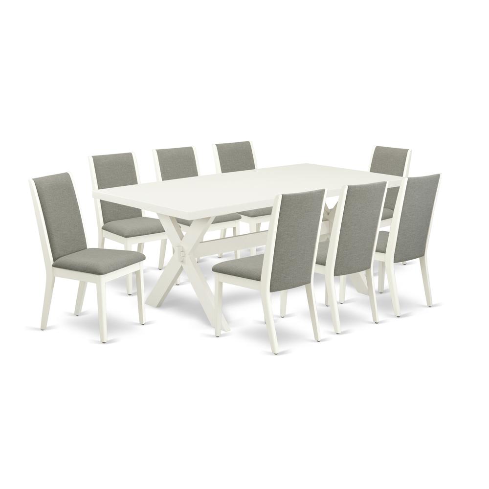 East West Furniture X027LA206-9 9-Piece Amazing Modern Dining Table Set a Good Linen White Dining Room Table Top and 8 Wonderful Solid Wood Legs and Linen Fabric seat dining chairs with Stylish Chair. Picture 1