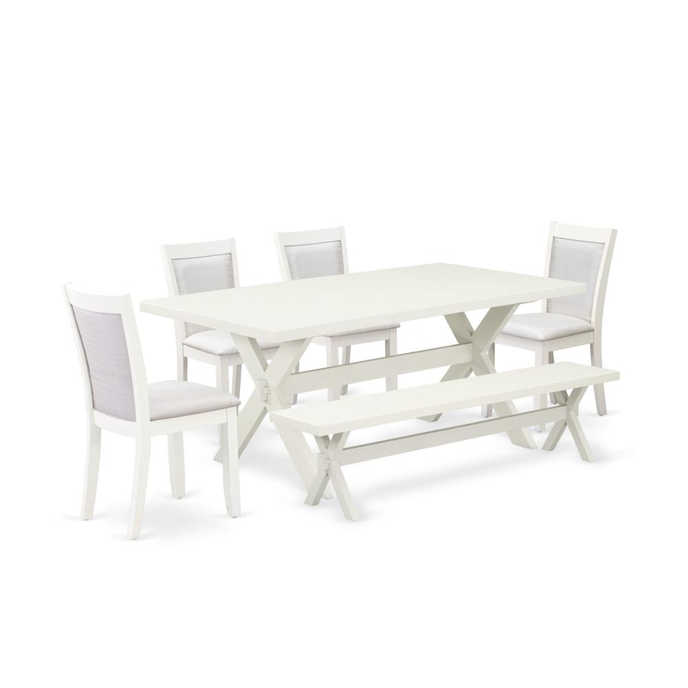 X027MZ001-6 6-Piece Dining Set Includes a Dining Table - 4 Cream Dining Chairs and a Wood Bench - Wire Brushed Linen White Finish. Picture 2