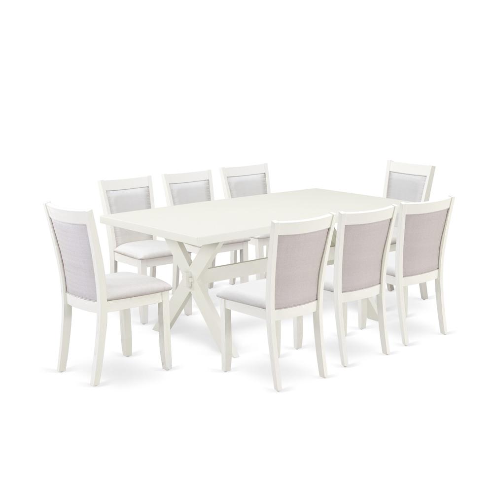 X027MZ001-9 9-Pc Dining Room Set Includes a Dining Table and 8 Cream Upholstered Dining Chairs - Wire Brushed Linen White Finish. Picture 2